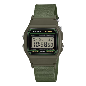 Casio F-91WF-3A digitális karóra, zöld díszítésű fekete tokban és zöld szövött szíjjal.