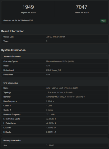Ryzen AI 5 330 Geekbench lista (kép forrása: Geekbench)