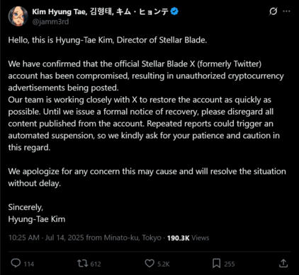 Hyung-Tae Kim posztja a Stellar Blade X fiók feltöréséről (Kép forrása: screenshot, Hyung-Tae Kim X fiók)