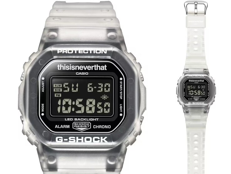 A Casio G-Shock DW-5600TNT-7 elölnézete, amelyen látható a fordított LCD-kijelző és az áttetsző keret.
