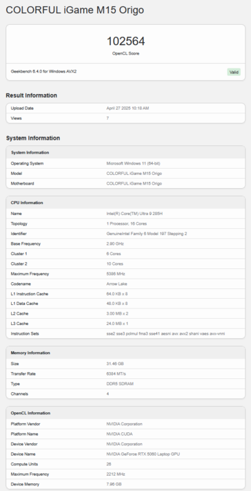RTX 5060 laptop Geekbench OpenCL pontszám (kép forrása: Geekbench)