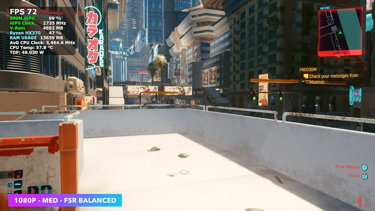 A Cyberpunk 2077 stabilan 70 FPS átlaggal fut közepes beállítások mellett FSR Balanced mellett az AceMagic Retro X5 konzolon.