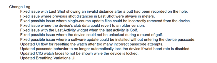 A Garmin Approach S44 és S50 órák 6.58-as rendszerszoftverének kiadási megjegyzései. (Kép forrása: Garmin)