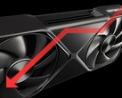 Nvidia RTX 5090 GPU lefelé mutató nyíllal, amely a teljesítménycsökkenést jelzi.