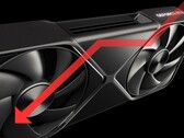 Nvidia RTX 5090 GPU lefelé mutató nyíllal, amely a teljesítménycsökkenést jelzi.