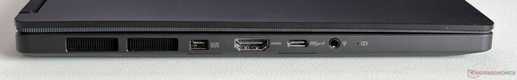 Bal oldalon: Tápellátás, HDMI 2.1 FRL, USB-C 4.0 (40 Gbps, DisplayPort, tápellátás), 3,5 mm-es fejhallgató-csatlakozó