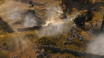 Egy kép, amely az Iron Harvest című játékban zajló csatát ábrázolja.