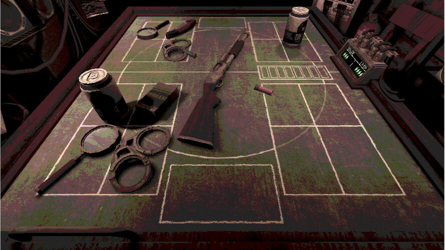 A Buckshot Roulette képernyőfotója, amely a játék véletlenszerű elemeit mutatja be. (Kép forrása: Steam)