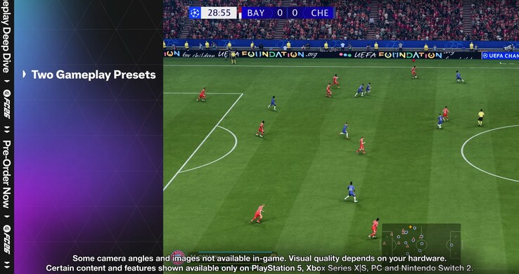 EA Sports FC 26 gameplay trailer, amely a Switch 2-t a többi current-gen konzollal csoportosítja (Kép forrása: screenshot, EA Sports FC YouTube)