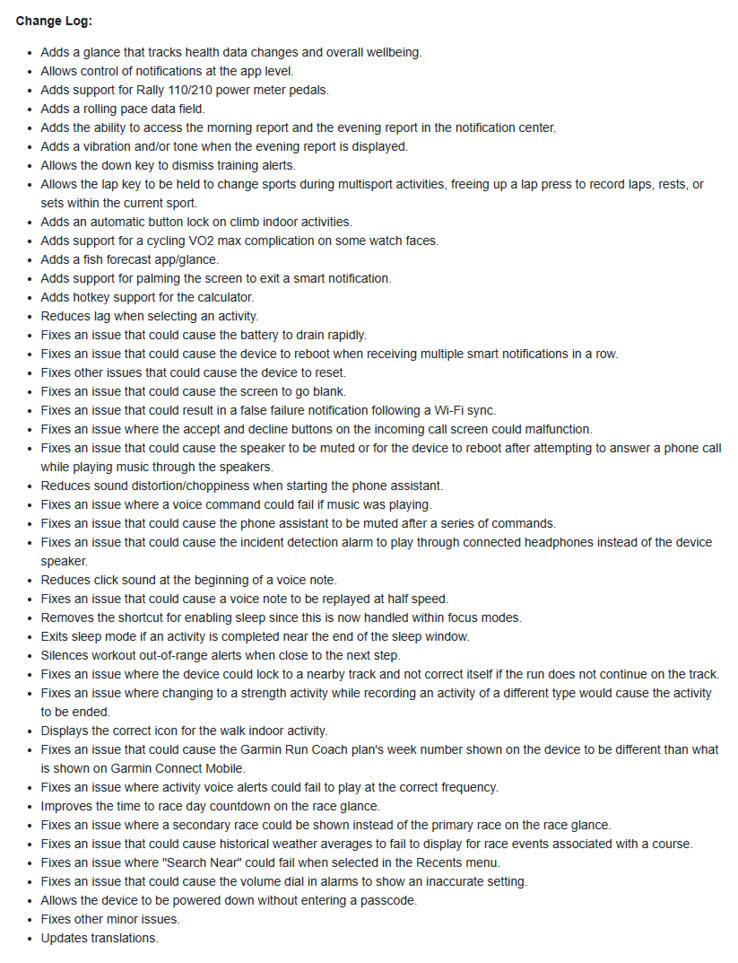 A Garmin Forerunner 970 okosóra 15.16-os verziójának változásnaplója. (Kép forrása: Garmin)