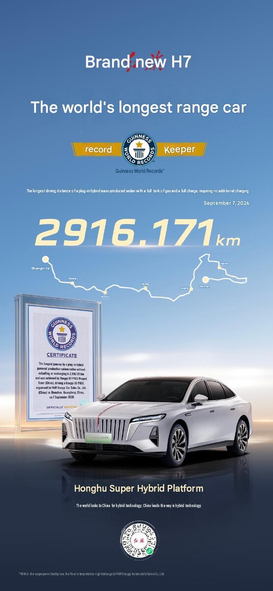 A Hongqi H7 sorozat rekordjának Guinness-tanúsítványa