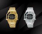 A Seiko Rotocall HFL003P arany és HFL002P rozsdamentes acél változatok egymás mellett, fekete háttér előtt láthatók; mindkettő negatív LCD-kijelzővel, forgatható funkcionális kerettel és beépített rozsdamentes acél karkötővel rendelkezik.