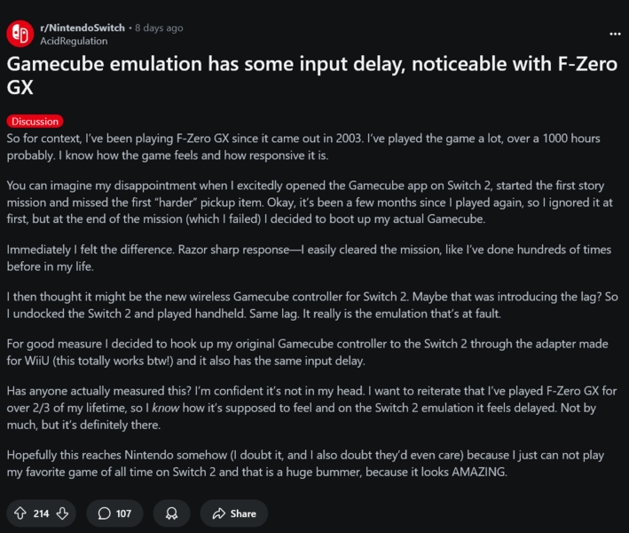 Switch 2 GameCube emulátor panaszok (Kép forrása: screenshot, Nintendo Switch subreddit)