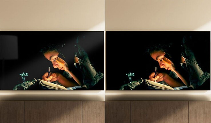Szemléltető példa a Bravia 9 II HDTV-ken használt Immersive Black Screen Pro tükröződés- és tükröződéscsökkentő fóliára (R).