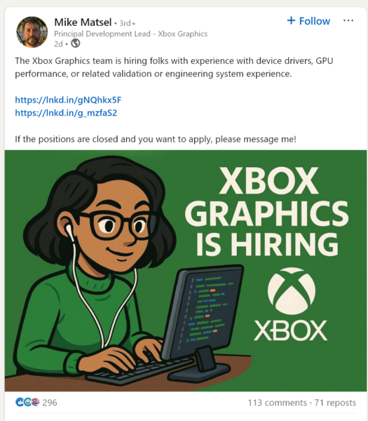 Mike Matsel LinkedIn álláshirdetése Xbox Graphics pozícióra (Kép forrása: Mike Matsel LinkedIn fiókja)