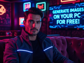 Mesterséges intelligencia által generált kép egy férfiról, aki neonfényű cyberpunk dzsekiben ül egy kanapén egy elegáns klubban. A mögötte lévő tévé feliratot olvas: "GENERÁLJ KÉPEKET A SZÁMÍTÓGÉPEDEN INGYEN" (Kép forrása: AI Generated)