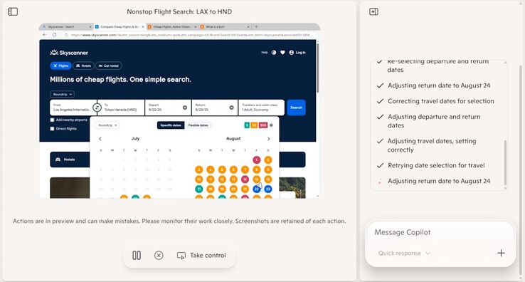 A Copilot Mode for Edge mesterséges intelligenciáján még dolgozni kell, mert a rövid tesztelés során nem tudott kiválasztani egy dátumtartományt az elérhető járatok keresése során. (Kép forrása: Notebookcheck)