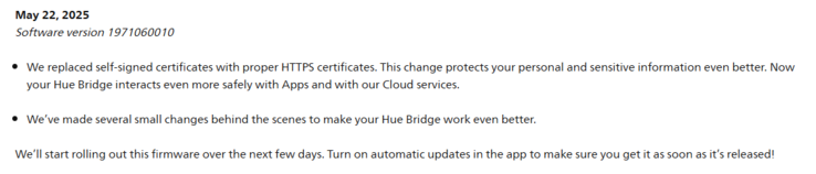 A Philips Hue Bridge szoftver verziójának kiadási megjegyzései 1971060010. (Kép forrása: Philips)