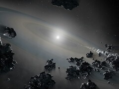 Számos aszteroidát ábrázoló illusztráció.