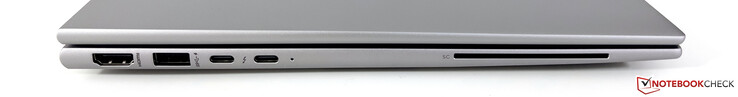 Balra: HDMI 2.1, USB-A 3.2 Gen.1 (5 GBit/s, tápellátás), 2x USB-C 4.0 Thunderbolt 4 (40 GBit/s, DisplayPort-ALT mód 1.4, Power Delivery 3.0), SmartCard olvasó