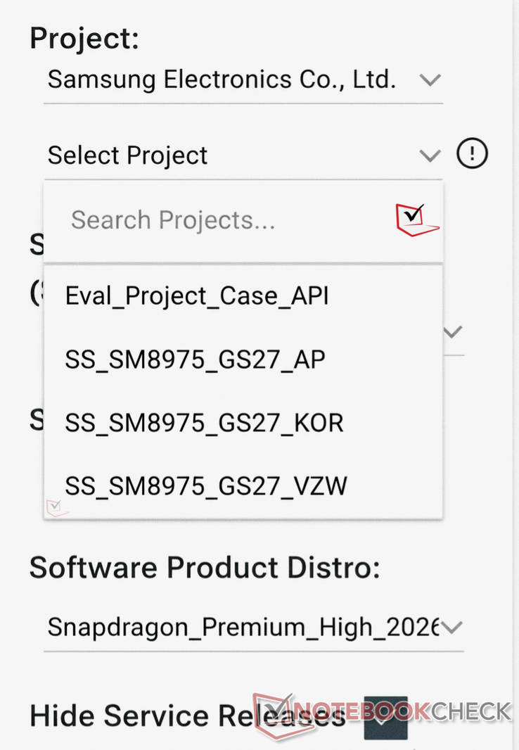 A Samsung projektlistája, amelyen láthatók azok a régiók, ahol az SM8975-öt jelenleg tesztelik