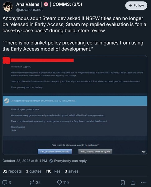 Steam válasz a felnőtt játék korai hozzáférési kérelmére (képernyőfotó, Ana Valens Bluesky fiók)