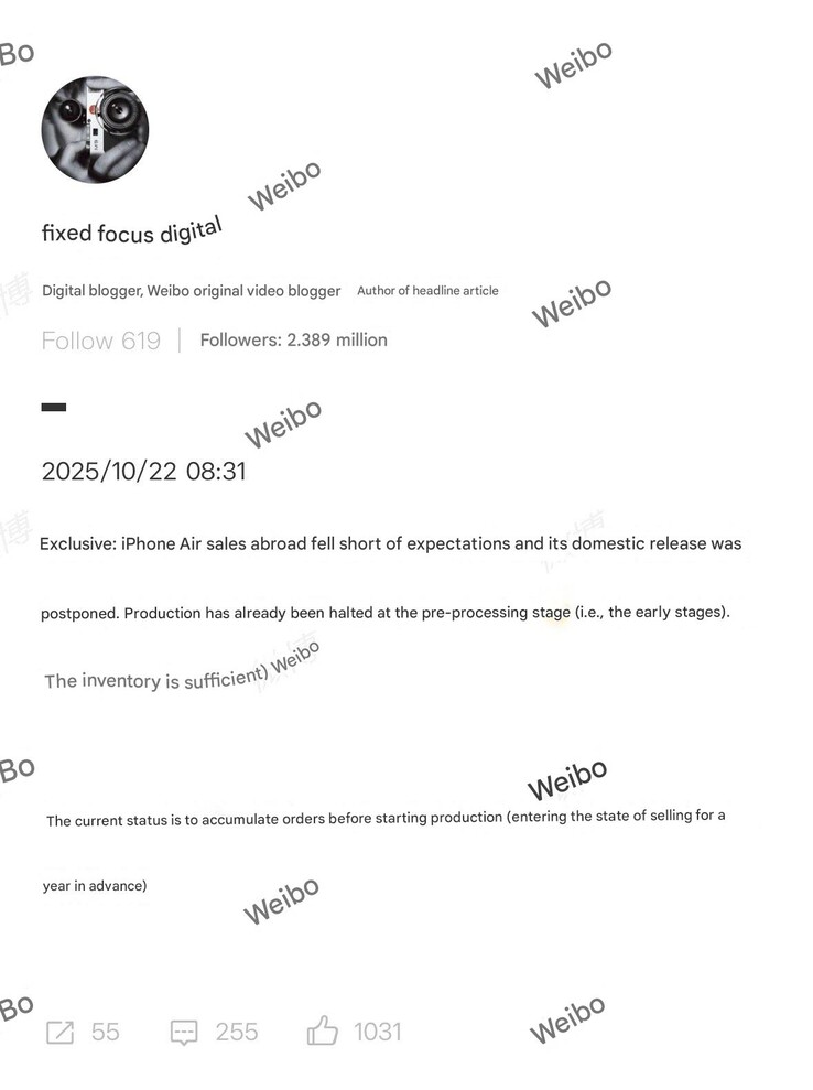 Az IPhone Air iránti kereslet Kínán kívül elmaradt a várakozásoktól. (Kép forrása: Weibo)