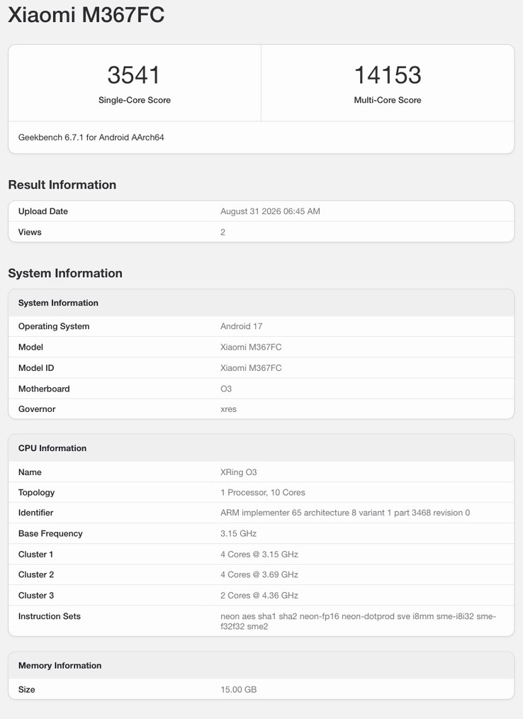 A feltételezett Xiaomi Pad 9 Pro Max Geekbench-adatlapja.