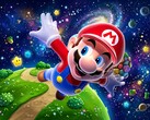3D Mario repül a Super Mario Galaxy témájú hátterében