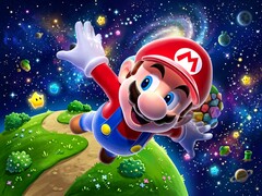 3D Mario repül a Super Mario Galaxy témájú hátterében