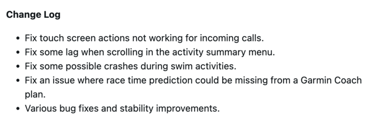 Szoftververzió 27.09 changelog más Garmin Forerunner okosórákhoz. (Kép forrása: Garmin)