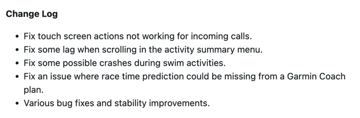 Szoftververzió 27.09 changelog más Garmin Forerunner okosórákhoz. (Kép forrása: Garmin)