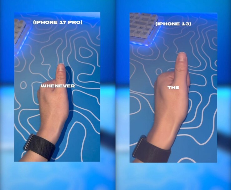 iPhone 17 Pro vs. iPhone 13 villanás összehasonlítás, amely a 17 Pro felvételen a hüvelykujj árnyékát mutatja. (Kép forrása: marcustechnology via Instagram)
