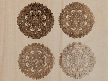 SVG állomány tervezése LaserPecker Design Space szoftverben Basswood lemezen különböző teljesítmény- és mélységértékek mellett diódalézerrel.