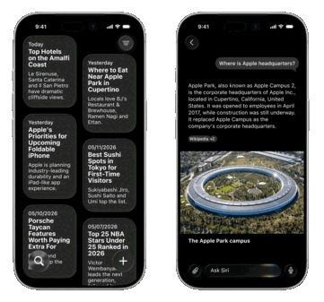 Úgy tűnik, a Apple egy vadonatúj Siri alkalmazás bemutatását tervezi, amely egy beszélgetések listáját (balra) és egy ChatGPT-szerű chatbotot tartalmaz.