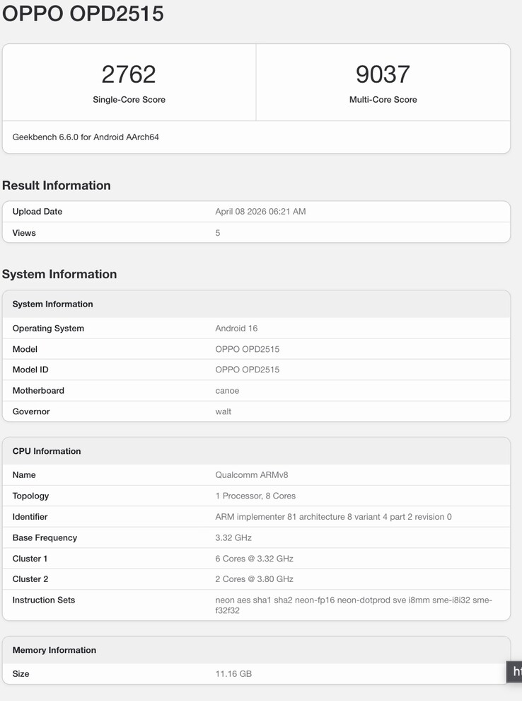 Geekbench listázása a közelgő Oppo készülékről.