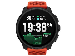 A Suunto Race 2 okosóra korall narancssárga színben 1,5 hüvelykes OLED kijelzővel rendelkezik, amelyen a futási statisztikák és az idő látható. (Kép forrása: Suunto)