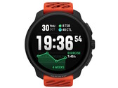 A Suunto Race 2 okosóra korall narancssárga színben 1,5 hüvelykes OLED kijelzővel rendelkezik, amelyen a futási statisztikák és az idő látható. (Kép forrása: Suunto)