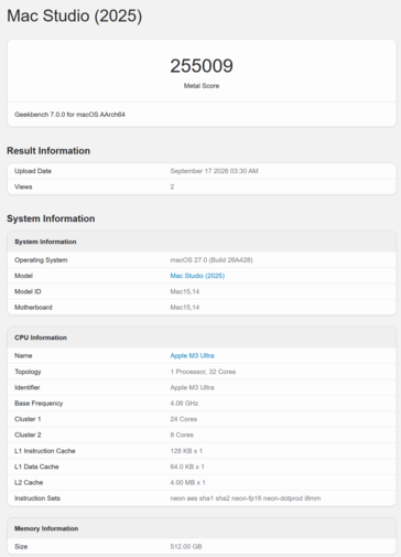 Az Apple M3 Ultra Geekbench GPU-pontszáma