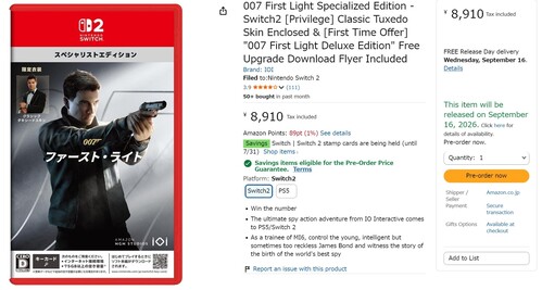 007 First Light Switch 2 megjelenési dátuma az Amazon Japánon
