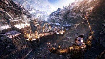Egy kép, amely a Middle-earth: Shadow of War című játékban szereplő erődítményt ábrázolja.
