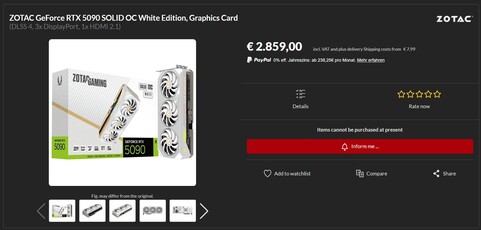 Zotac GeForce RTX 5090 Solid OC White Edition új (Kép forrása: Alternate)