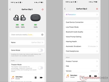 Az EarFun Audio alkalmazás a Clip 2 kezdőlapját és beállításait mutatja.
