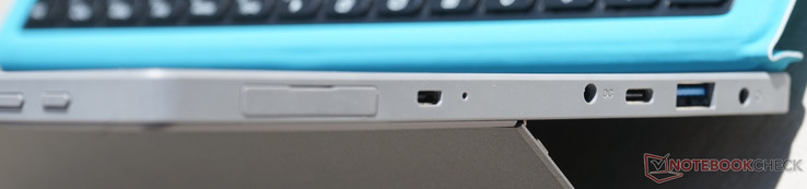 Left to right: MicroSD (behind flap), miniHDMI, Power, USB-C (3.0), USB-A (3.0), audio jack