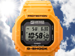 A Casio Surfrider Foundation Japan kollaborációs órája (a képen) élénk, napfelkeltesárga színű tokkal és szíjjal rendelkezik, amely vegyes színű bioalapú gyantából készült. (Kép forrása: Casio)