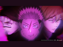 A Jujutsu Kaisen 3. évadának nyitójelenete Yuji Itadorival a főszereplők oldalán, egy stilizált, lila színű képi anyaggal. (Kép forrása: Mappa, Crunchyroll)