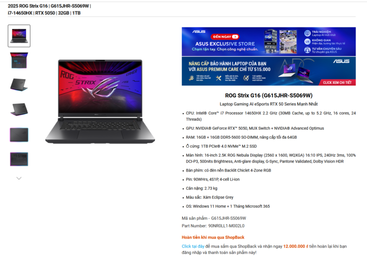 Asus ROG Strix G16 RTX 5050 változat specifikációi (kép forrása: Asus)