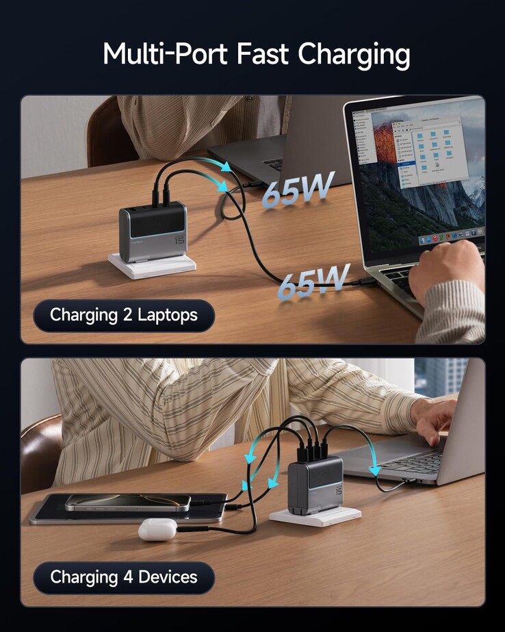 A Cuktech 15 140 W-os 4 portos GaN töltő akár 4 készüléket is képes egyszerre tölteni (Kép forrása: Cuktech)