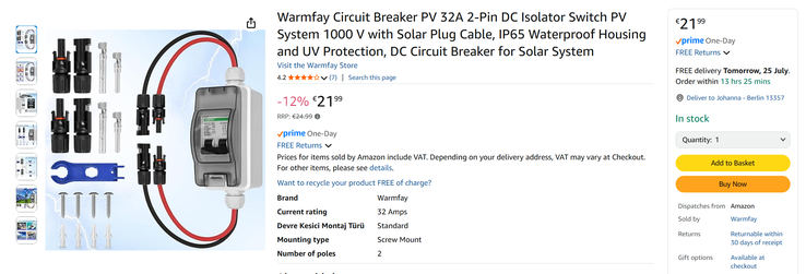 A PV biztosítékdoboz szükséges, de nem tartozék, és külön kell megvásárolni. (kép forrása: Screenshot Amazon)