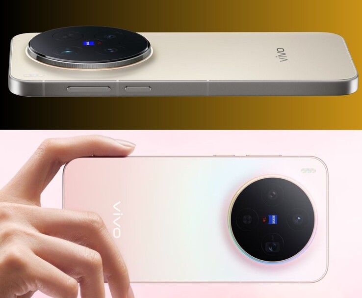 Vivo X300 Pro (fent) és X300 (lent) arany és rózsaszín kivitelben, kör alakú Zeiss kameramodulokkal (Kép forrása: Vivo)